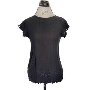 Loft Womens Floral Top Blouse Embroidered Black Short Sleeve Eyelet Size XS